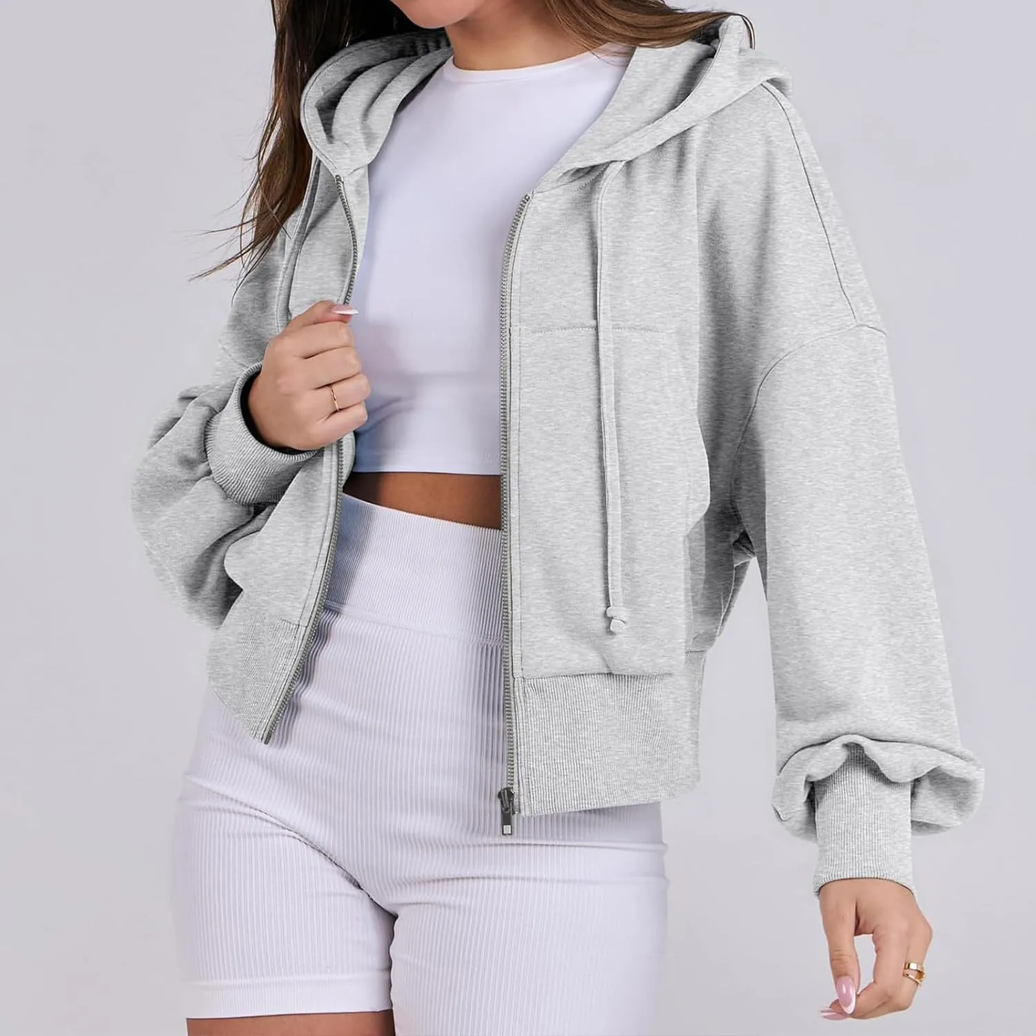 Womens Zip Up Hoodies Casual Drawstring Cropped Sweatshirt Jackets Long Sleeve Fleece Lightweight Coat with Pockets