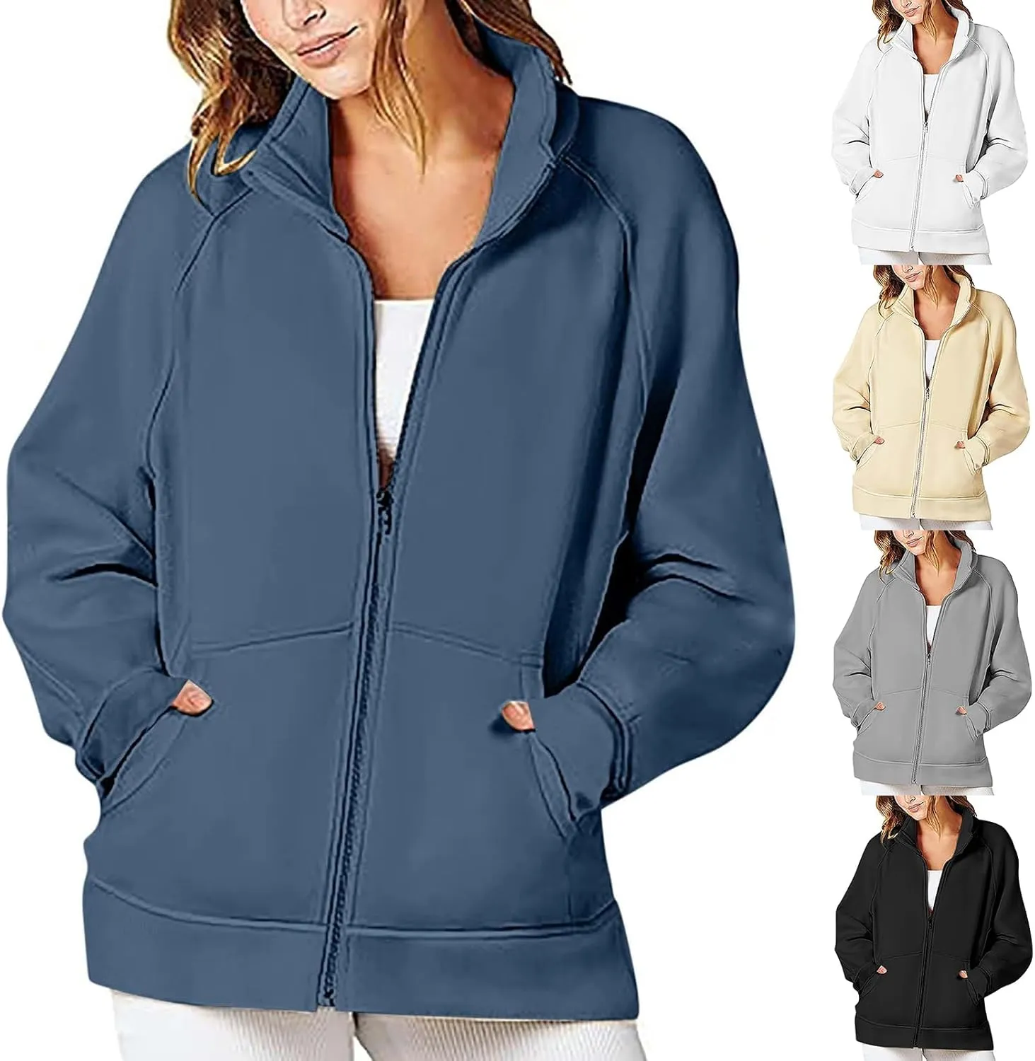 Womens Zip Up Jackets Casual Stand Collar Long Sleeve Coats Oversized Soild Color Sweatshirt Jacket