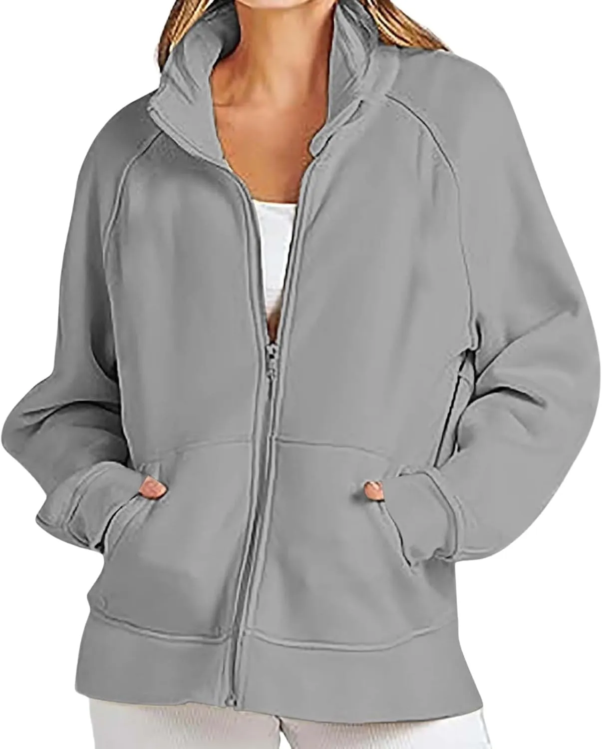 Womens Zip Up Jackets Casual Stand Collar Long Sleeve Coats Oversized Soild Color Sweatshirt Jacket