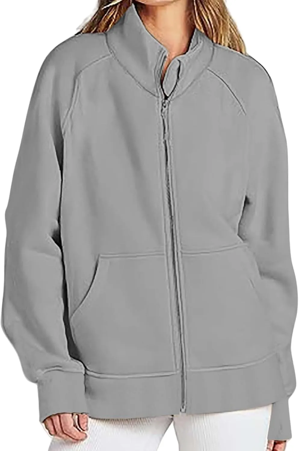 Womens Zip Up Jackets Casual Stand Collar Long Sleeve Coats Oversized Soild Color Sweatshirt Jacket
