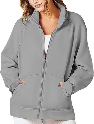 Womens Zip Up Jackets Casual Stand Collar Long Sleeve Coats Oversized Soild Color Sweatshirt Jacket