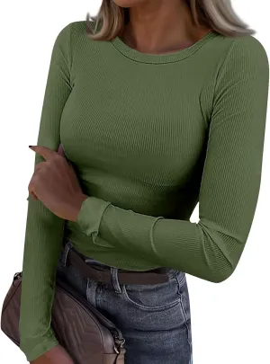 Womne's Ribbed Crew Neck Slim Fitted T Shirts Basic Solid Long Sleeve Layering Tee Tops Stretch Casual Tunic Tops
