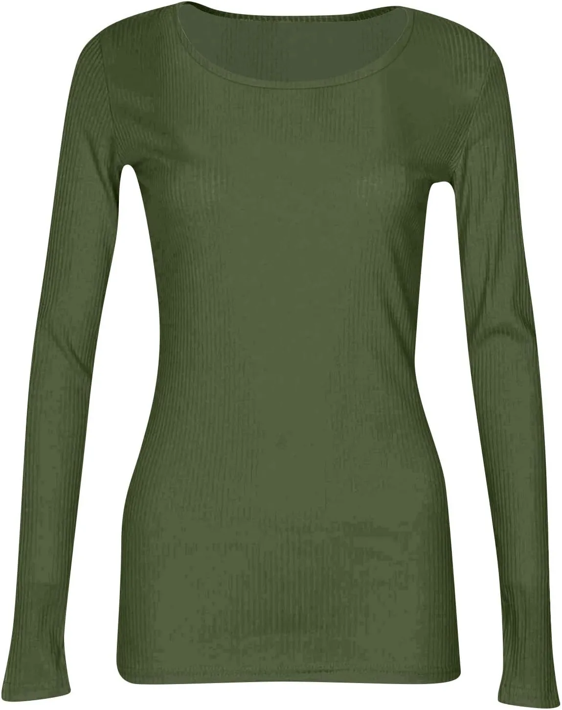Womne's Ribbed Crew Neck Slim Fitted T Shirts Basic Solid Long Sleeve Layering Tee Tops Stretch Casual Tunic Tops
