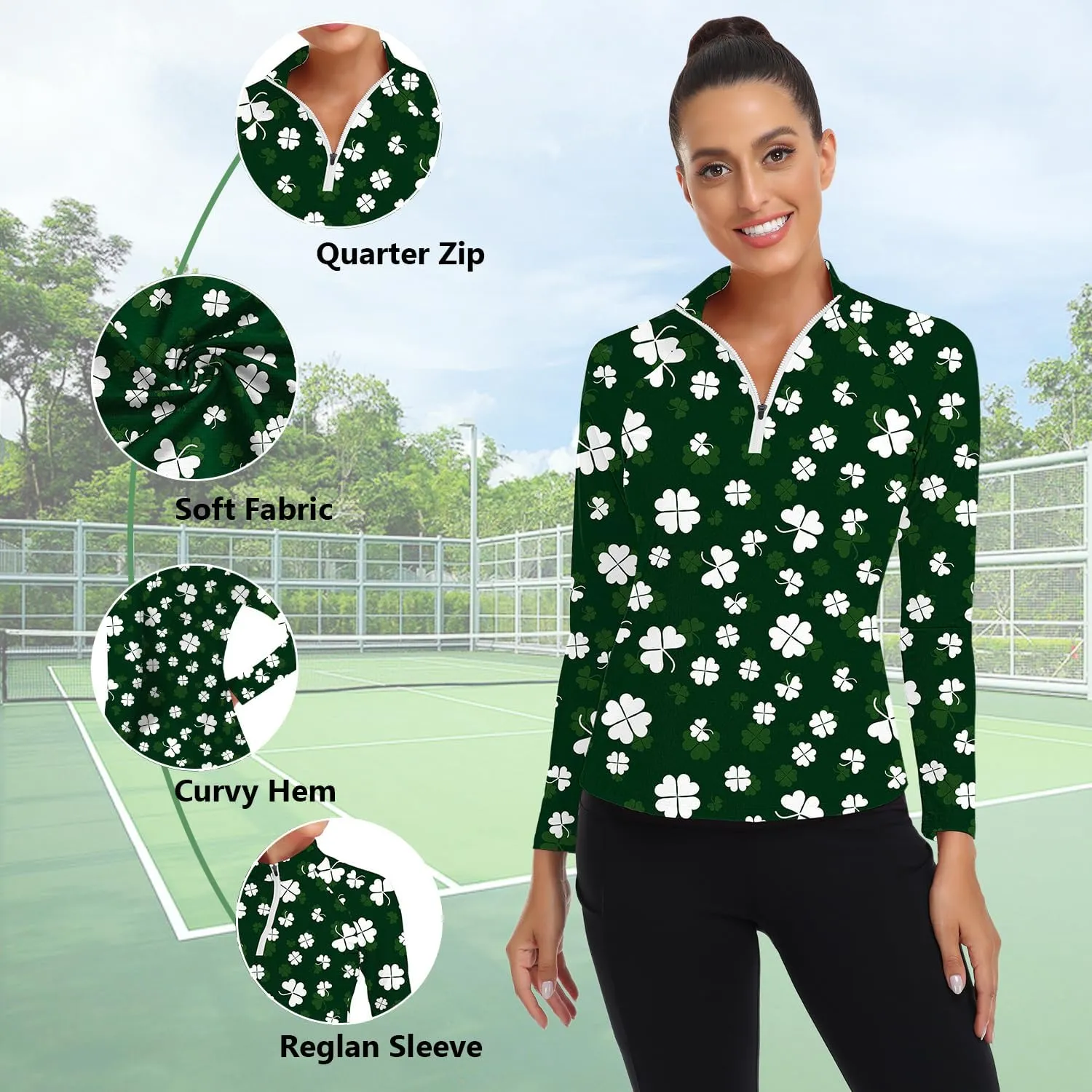 WOWENY Women's Long Sleeve Athletic Shirts Quarter Zip Pullover Collared T-Shirt Workout Print Tennis Top