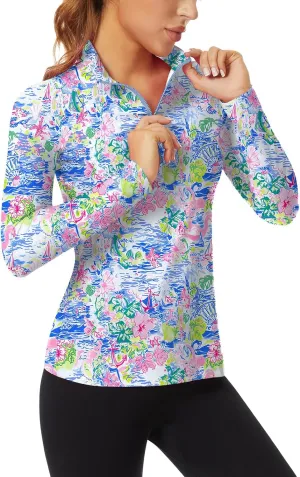 WOWENY Women's Long Sleeve Athletic Shirts Quarter Zip Pullover Collared T-Shirt Workout Print Tennis Top