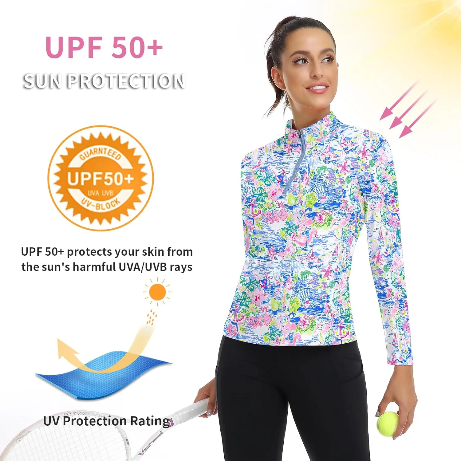 WOWENY Women's Long Sleeve Athletic Shirts Quarter Zip Pullover Collared T-Shirt Workout Print Tennis Top
