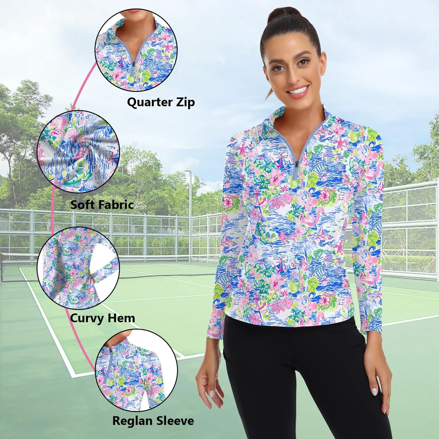 WOWENY Women's Long Sleeve Athletic Shirts Quarter Zip Pullover Collared T-Shirt Workout Print Tennis Top