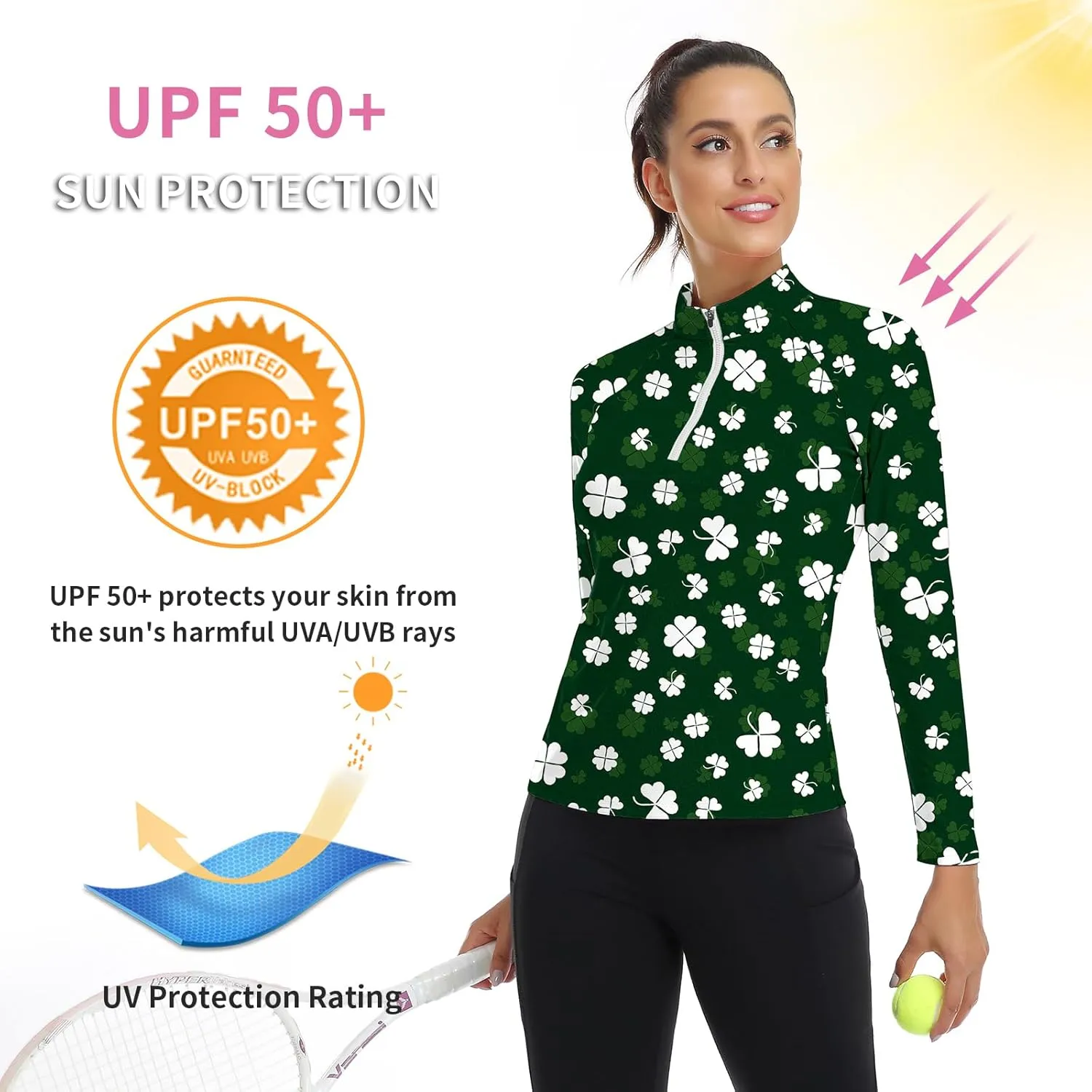 WOWENY Women's Long Sleeve Athletic Shirts Quarter Zip Pullover Collared T-Shirt Workout Print Tennis Top