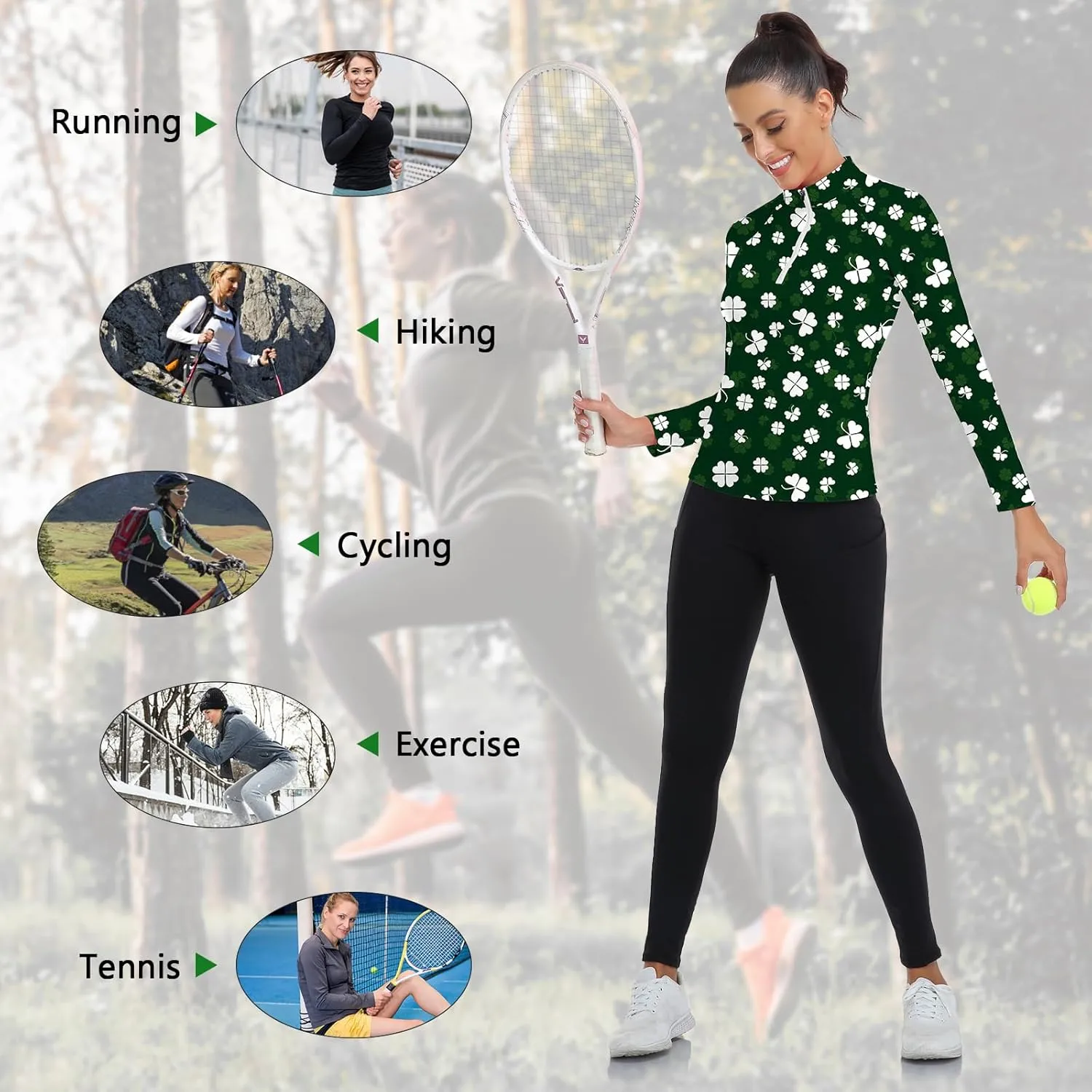 WOWENY Women's Long Sleeve Athletic Shirts Quarter Zip Pullover Collared T-Shirt Workout Print Tennis Top