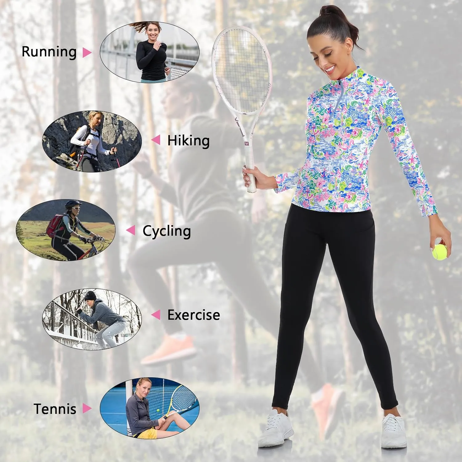 WOWENY Women's Long Sleeve Athletic Shirts Quarter Zip Pullover Collared T-Shirt Workout Print Tennis Top