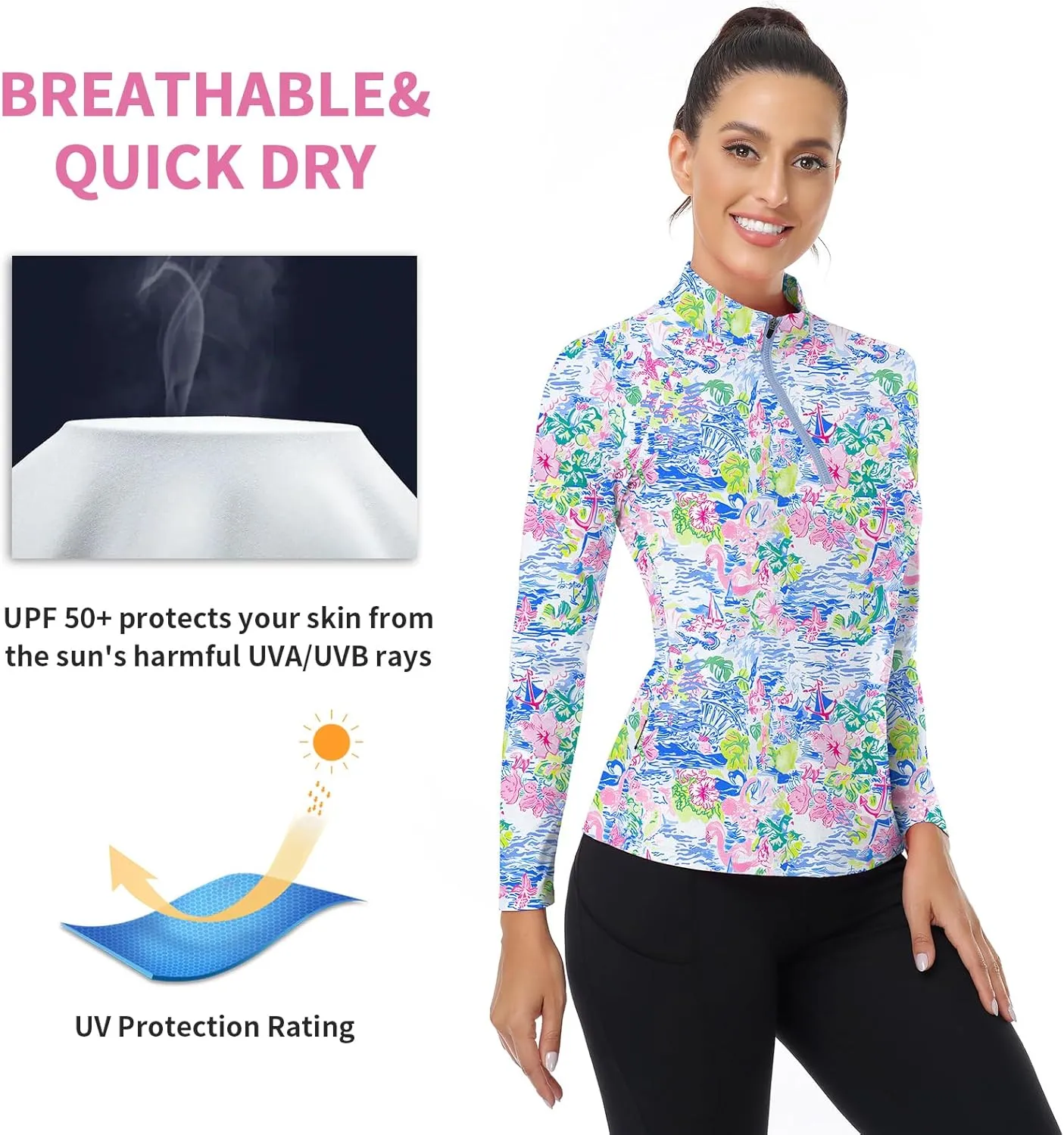 WOWENY Women's Long Sleeve Athletic Shirts Quarter Zip Pullover Collared T-Shirt Workout Print Tennis Top