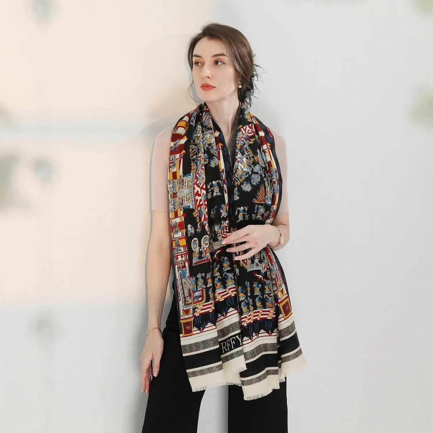 Xinmurffy 100% Merino Wool Travel Scarf Pashmina Shawls and Wraps for Women Cashmere Warm Winter Large Floral Blanket Scarves