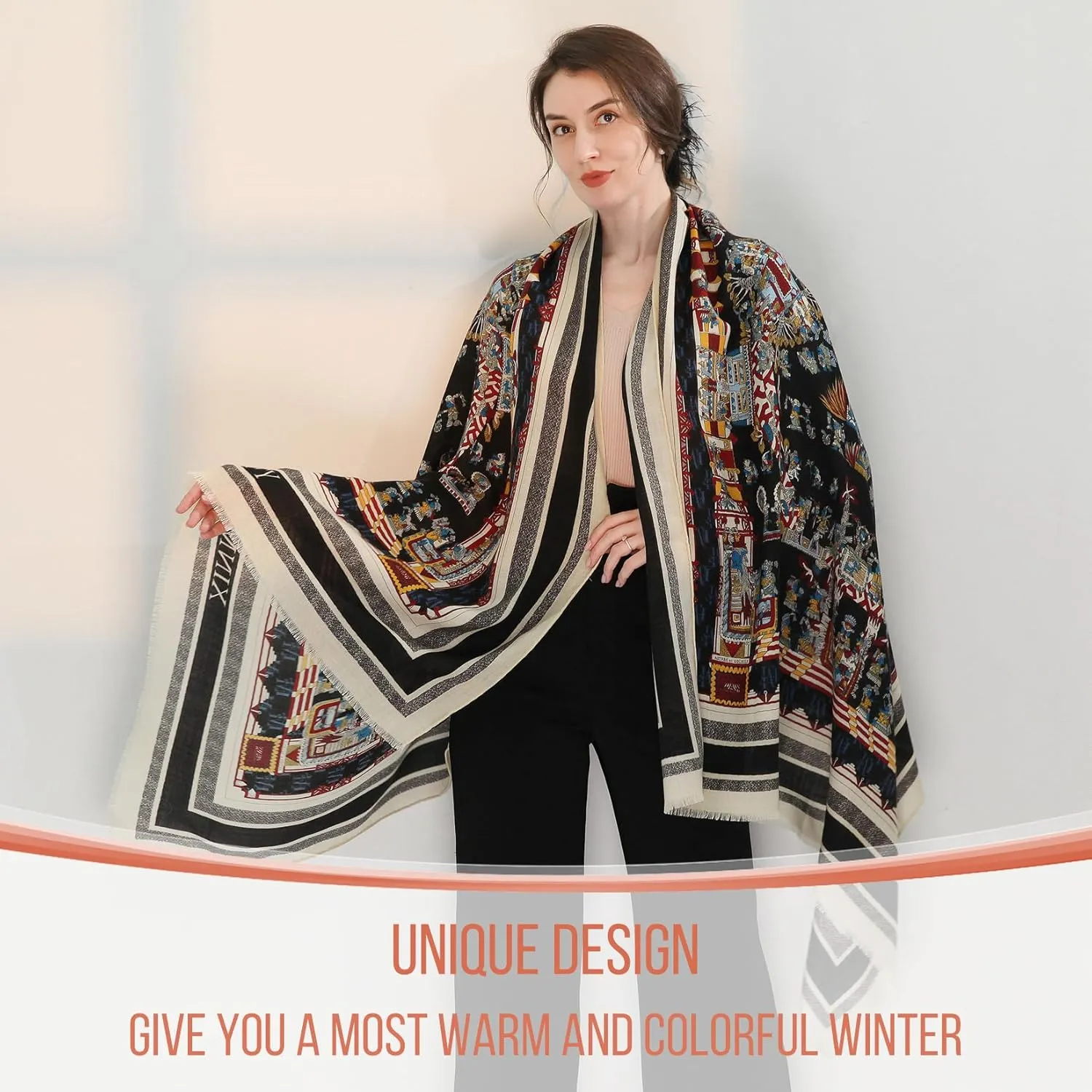 Xinmurffy 100% Merino Wool Travel Scarf Pashmina Shawls and Wraps for Women Cashmere Warm Winter Large Floral Blanket Scarves