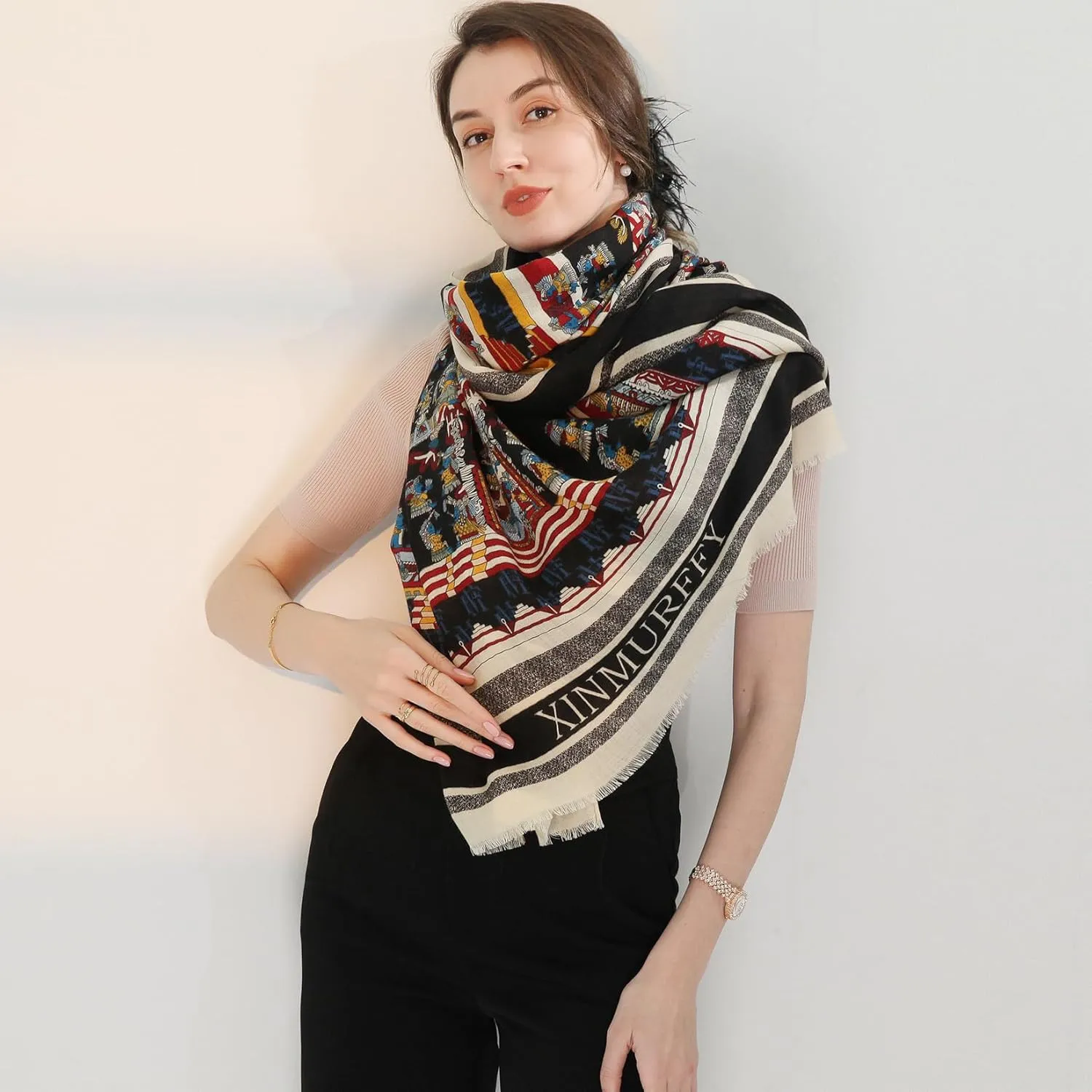 Xinmurffy 100% Merino Wool Travel Scarf Pashmina Shawls and Wraps for Women Cashmere Warm Winter Large Floral Blanket Scarves