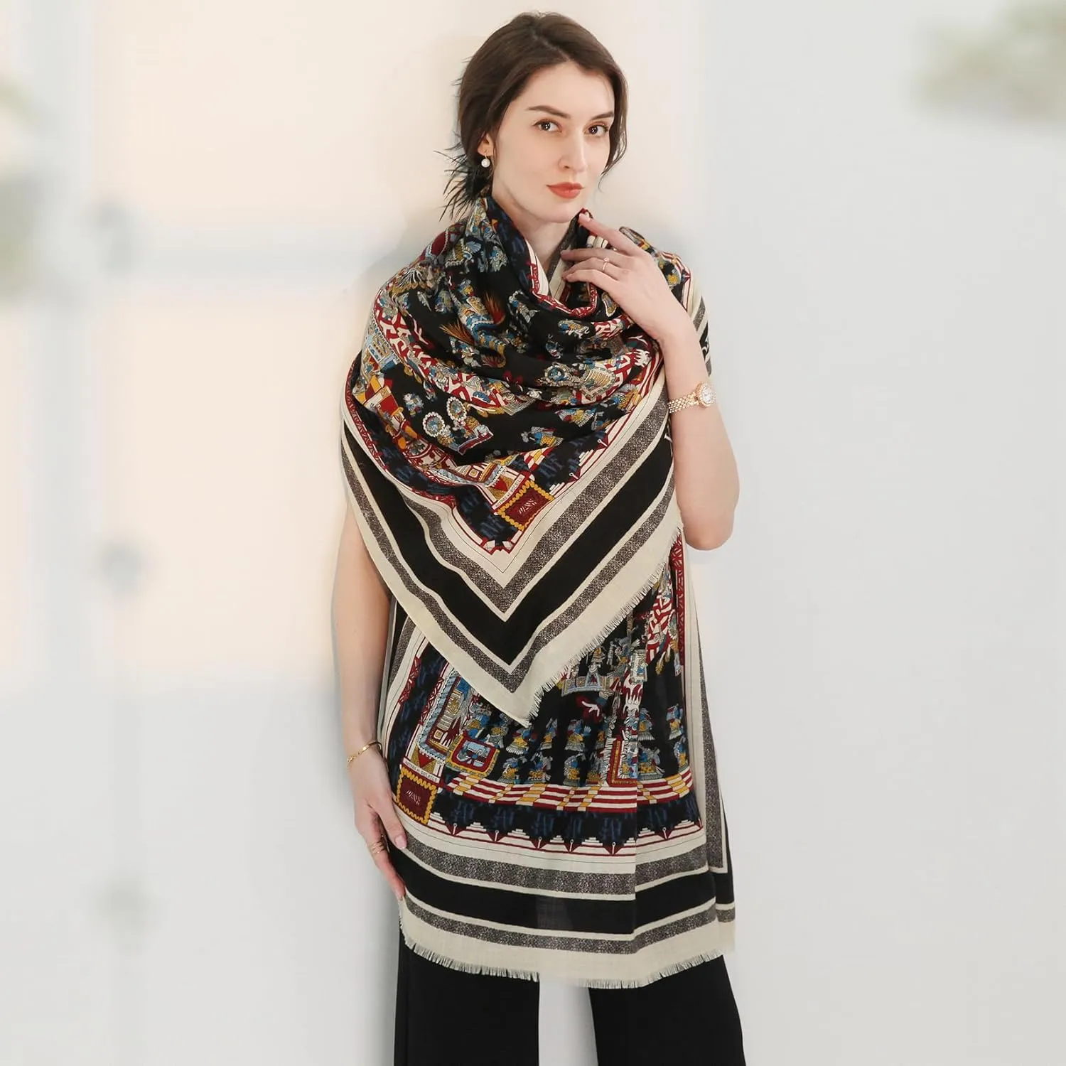 Xinmurffy 100% Merino Wool Travel Scarf Pashmina Shawls and Wraps for Women Cashmere Warm Winter Large Floral Blanket Scarves