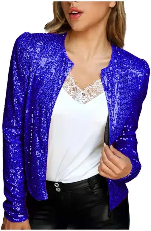 XUNRYAN Sequin Blazer Women Casual Open Front Cardigan Sparkly Jacket Glitter Long Sleeve Short Coats Crop Shrug Wraps Outfit