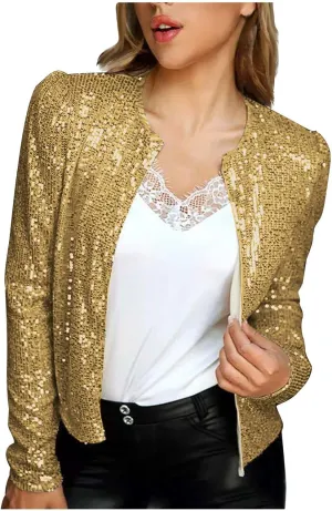 XUNRYAN Sequin Blazer Women Casual Open Front Cardigan Sparkly Jacket Glitter Long Sleeve Short Coats Crop Shrug Wraps Outfit