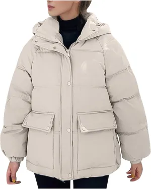 XUNRYAN Womens Winter Warm Down Coat Hooded Puffer Jackets Baggy Lightweight Jackets Casual Button Overcoat Activewear