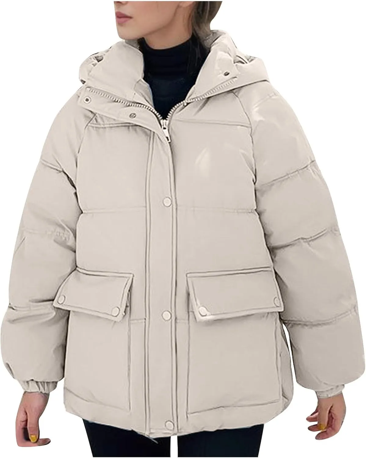 XUNRYAN Womens Winter Warm Down Coat Hooded Puffer Jackets Baggy Lightweight Jackets Casual Button Overcoat Activewear
