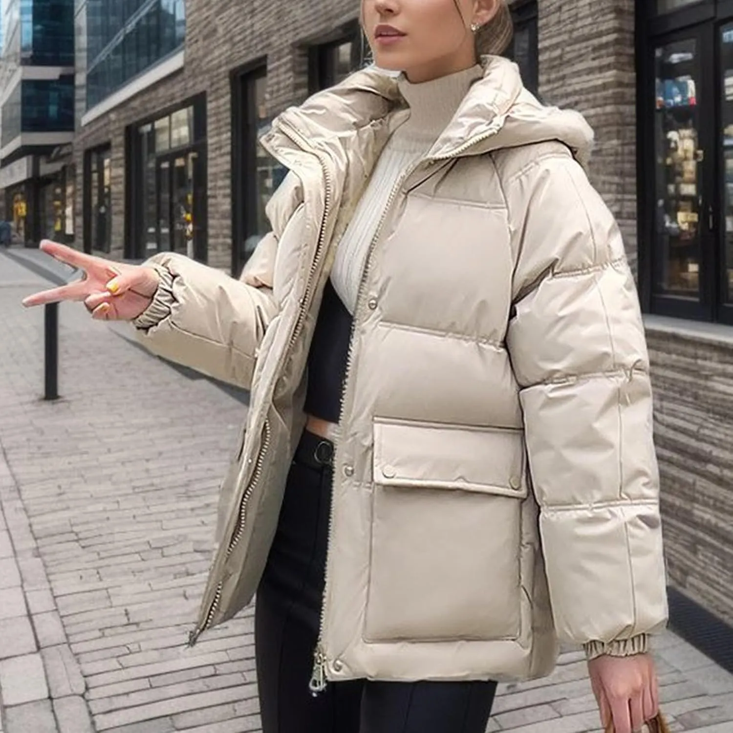 XUNRYAN Womens Winter Warm Down Coat Hooded Puffer Jackets Baggy Lightweight Jackets Casual Button Overcoat Activewear