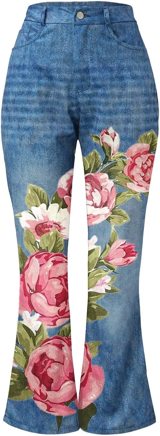 YOLAI Womens Floral Print Bell Bottoms Pants High Waist Flared Denim Trousers Stretch Jeans Pants with Pockets