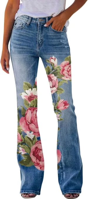 YOLAI Womens Floral Print Bell Bottoms Pants High Waist Flared Denim Trousers Stretch Jeans Pants with Pockets