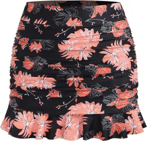 ZAFUL Women High Waisted Swim Skirts Ruffle Ruched Mini Skirt Tummy Control Bikini Bottoms (Flowers,L)