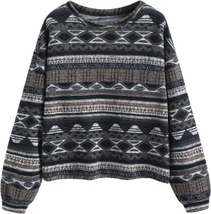 ZAFUL Women's Tribal Ethnic Graphic Cropped Knitwear Bohemian Long Sleeve Pullover Sweater Boho Drop Shoulder Knitted Top