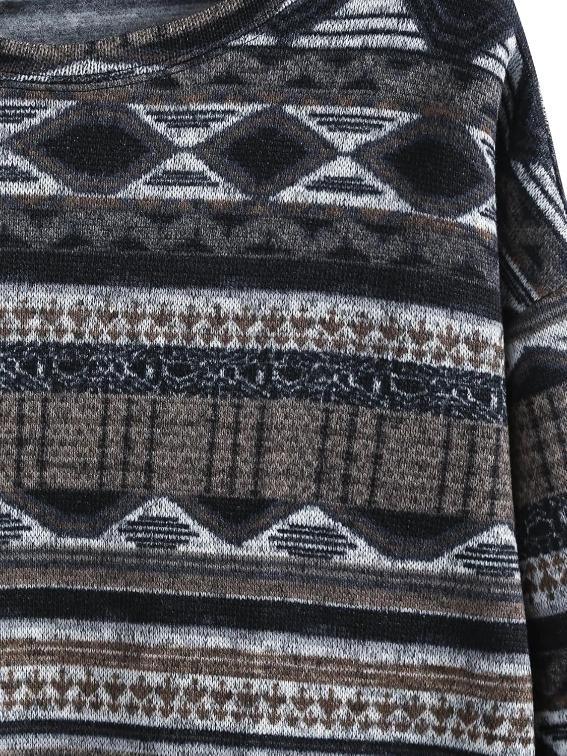 ZAFUL Women's Tribal Ethnic Graphic Cropped Knitwear Bohemian Long Sleeve Pullover Sweater Boho Drop Shoulder Knitted Top
