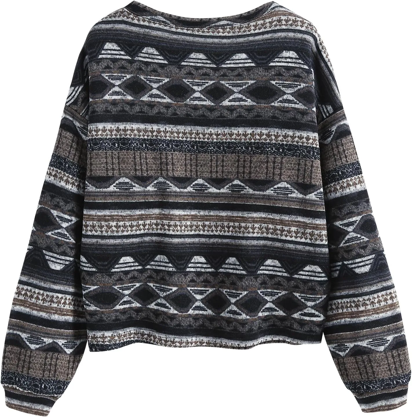 ZAFUL Women's Tribal Ethnic Graphic Cropped Knitwear Bohemian Long Sleeve Pullover Sweater Boho Drop Shoulder Knitted Top