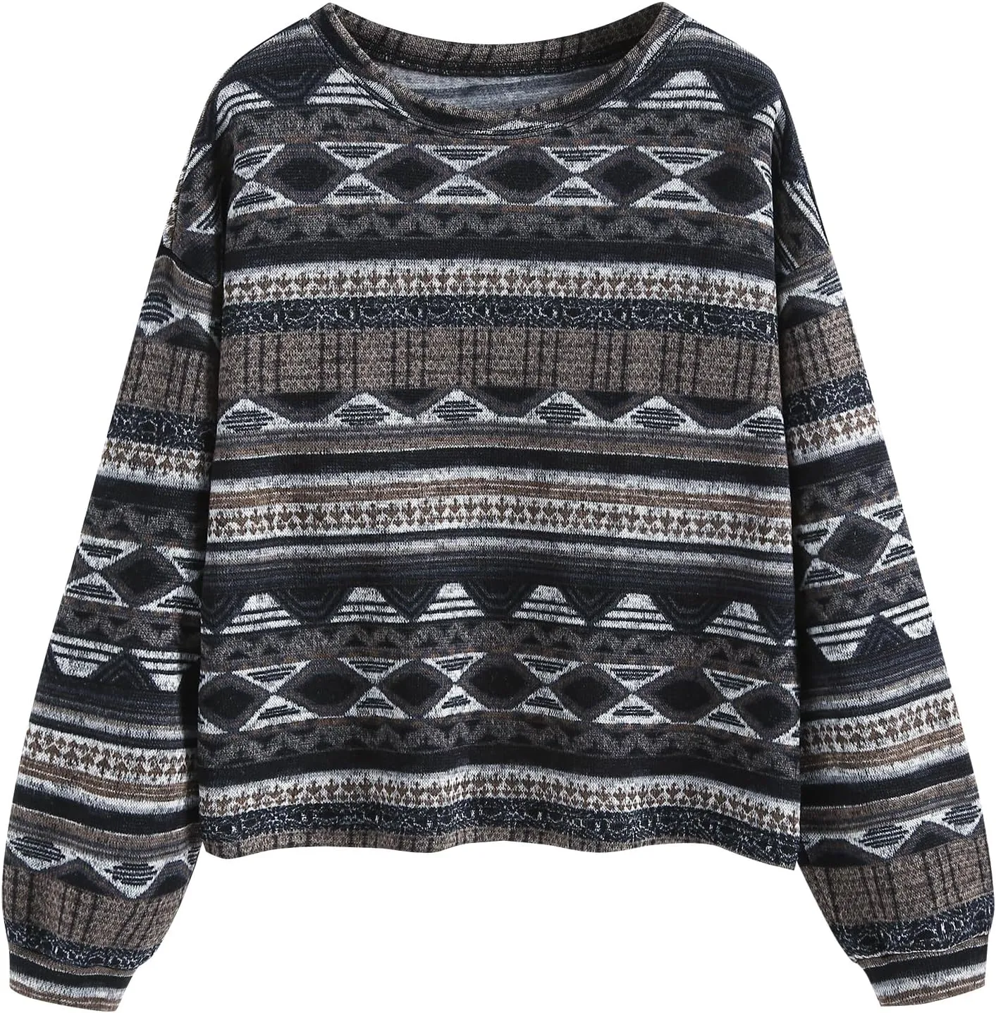 ZAFUL Women's Tribal Ethnic Graphic Cropped Knitwear Bohemian Long Sleeve Pullover Sweater Boho Drop Shoulder Knitted Top