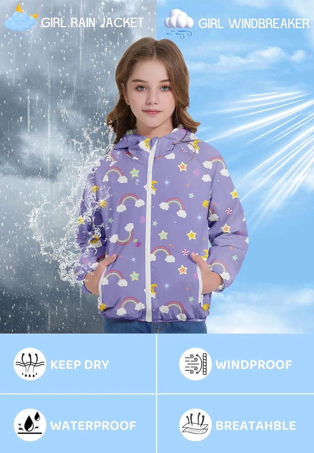 Zando Girls Rain Jacket Lightweight Waterproof Hooded Jackets Girls' Outerwear Jackets & Coats for Girls 4-10Y