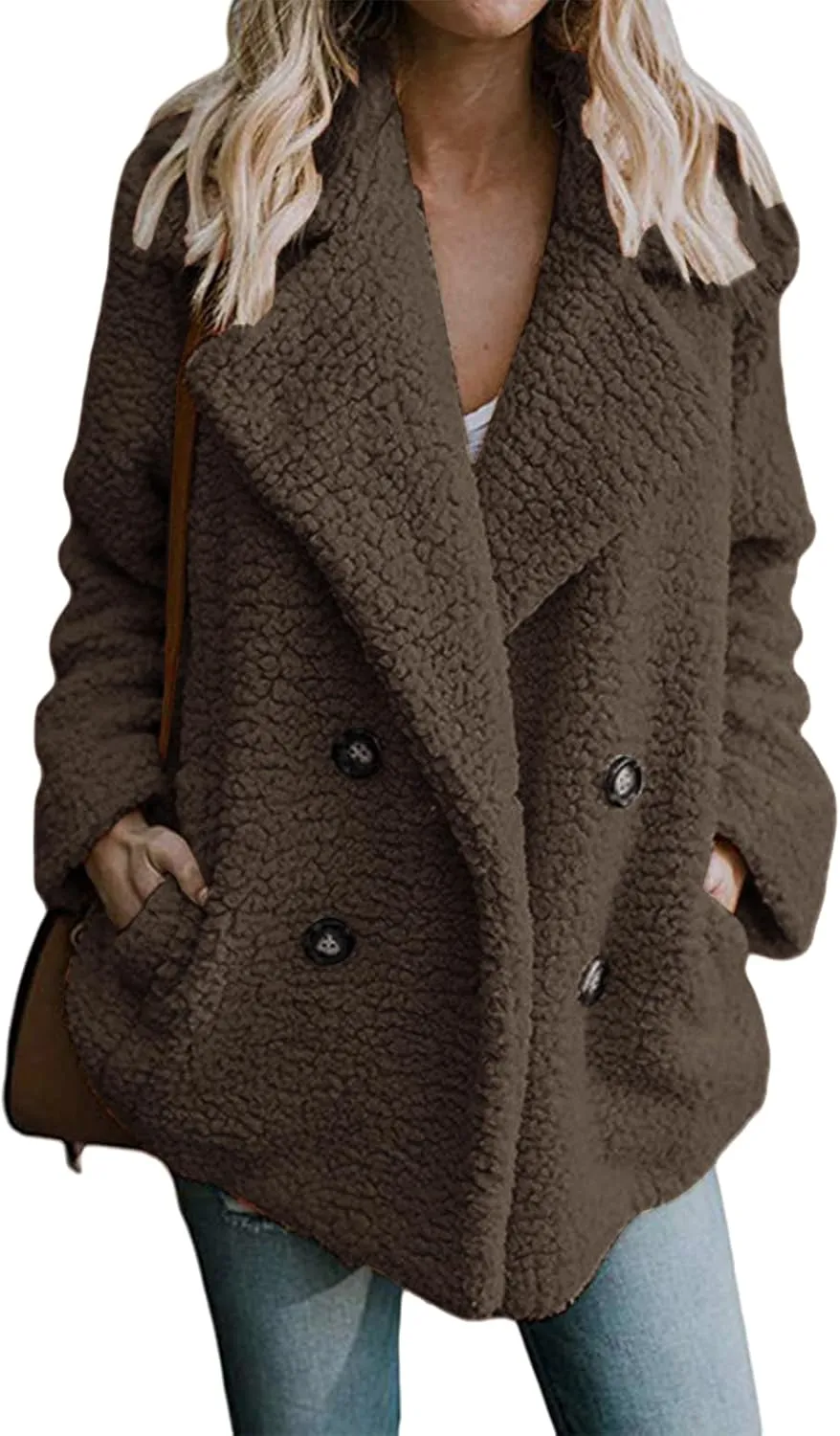 ZWRXW Sherpa Coats for Women Double Breasted Oversized Shacket Jacket Casual Long Sleeve Shearling Shaggy Outwear with Pocket