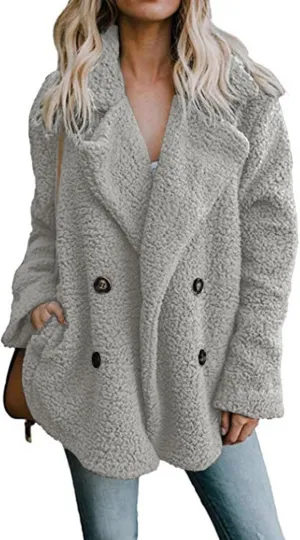 ZWRXW Sherpa Coats for Women Double Breasted Oversized Shacket Jacket Casual Long Sleeve Shearling Shaggy Outwear with Pocket