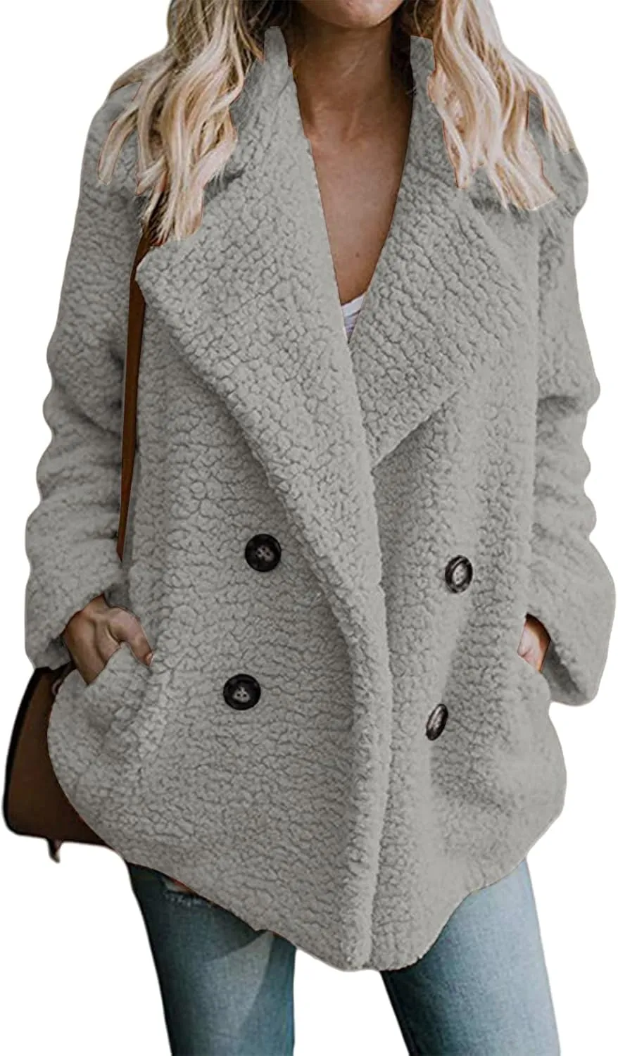 ZWRXW Sherpa Coats for Women Double Breasted Oversized Shacket Jacket Casual Long Sleeve Shearling Shaggy Outwear with Pocket