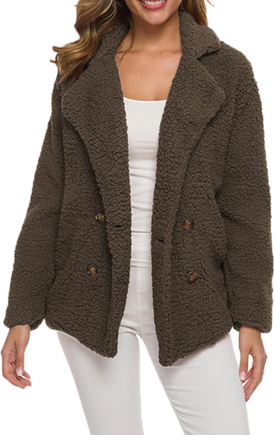 ZWRXW Sherpa Coats for Women Double Breasted Oversized Shacket Jacket Casual Long Sleeve Shearling Shaggy Outwear with Pocket