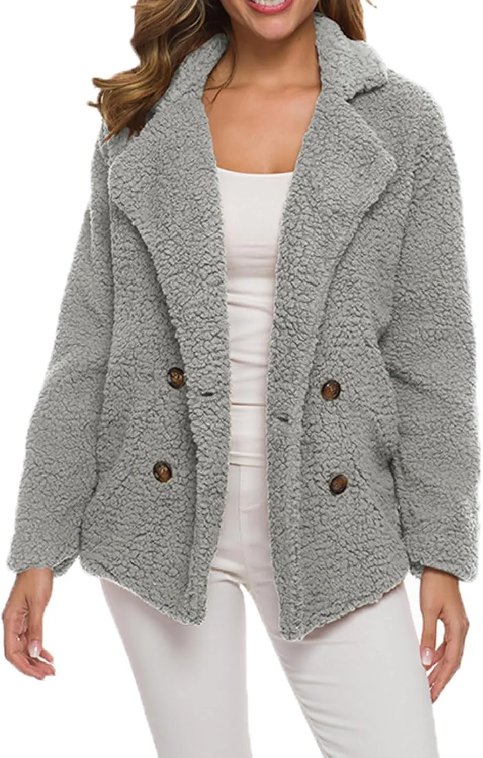 ZWRXW Sherpa Coats for Women Double Breasted Oversized Shacket Jacket Casual Long Sleeve Shearling Shaggy Outwear with Pocket