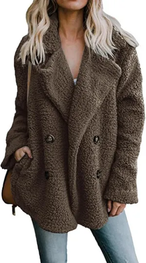 ZWRXW Sherpa Coats for Women Double Breasted Oversized Shacket Jacket Casual Long Sleeve Shearling Shaggy Outwear with Pocket