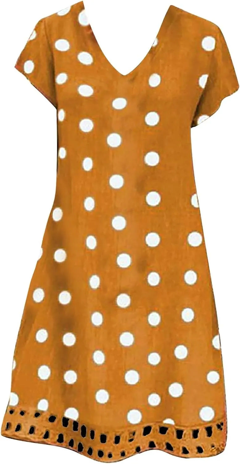 ZYXTIM Summer Beach Dress for Women V Neck Short Sleeve Polka Dot Loose Cute Print Boho Vacation Sundress