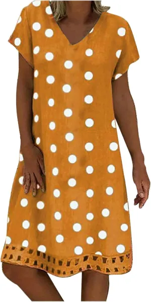 ZYXTIM Summer Beach Dress for Women V Neck Short Sleeve Polka Dot Loose Cute Print Boho Vacation Sundress