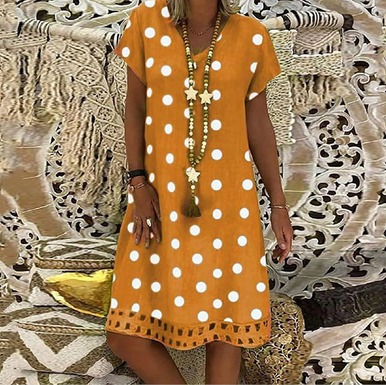 ZYXTIM Summer Beach Dress for Women V Neck Short Sleeve Polka Dot Loose Cute Print Boho Vacation Sundress